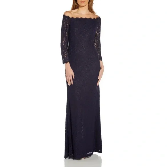 Adrianna Papell | Dresses | Adrianna Papell Navy Blue Lace Off Shoulders  Long Sleeves Formal Gown Reemoly | Poshmark